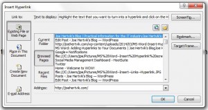 MS Word--Insert Hyperlink screen